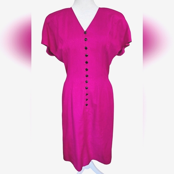 VINTAGE SILK STUDIO buttonFront Dolman Cap Sleeves Midi Dress In Pink. Size 8 - Picture 1 of 12